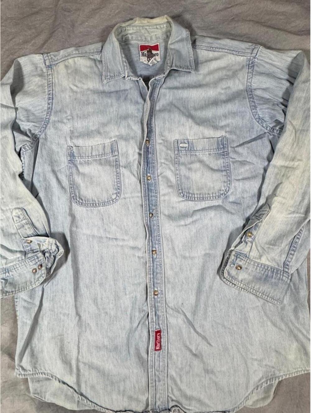 Vintage 90s Marlboro Denim Shirt Made in USA Men’s Large Light Wash, oversized